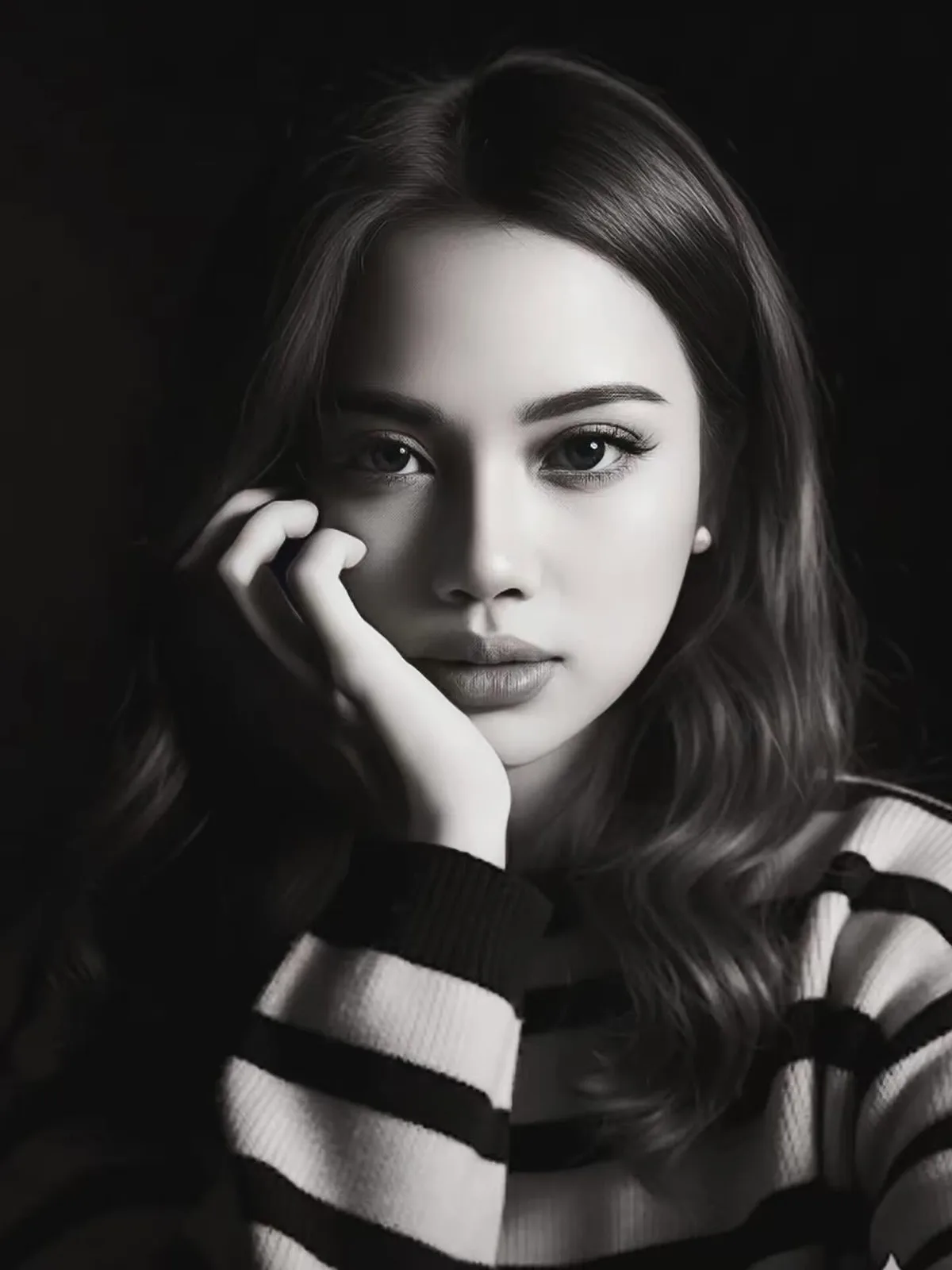 A black and white portrait of a woman with long, smoothly blow dried hair, resting her chin on her hand.